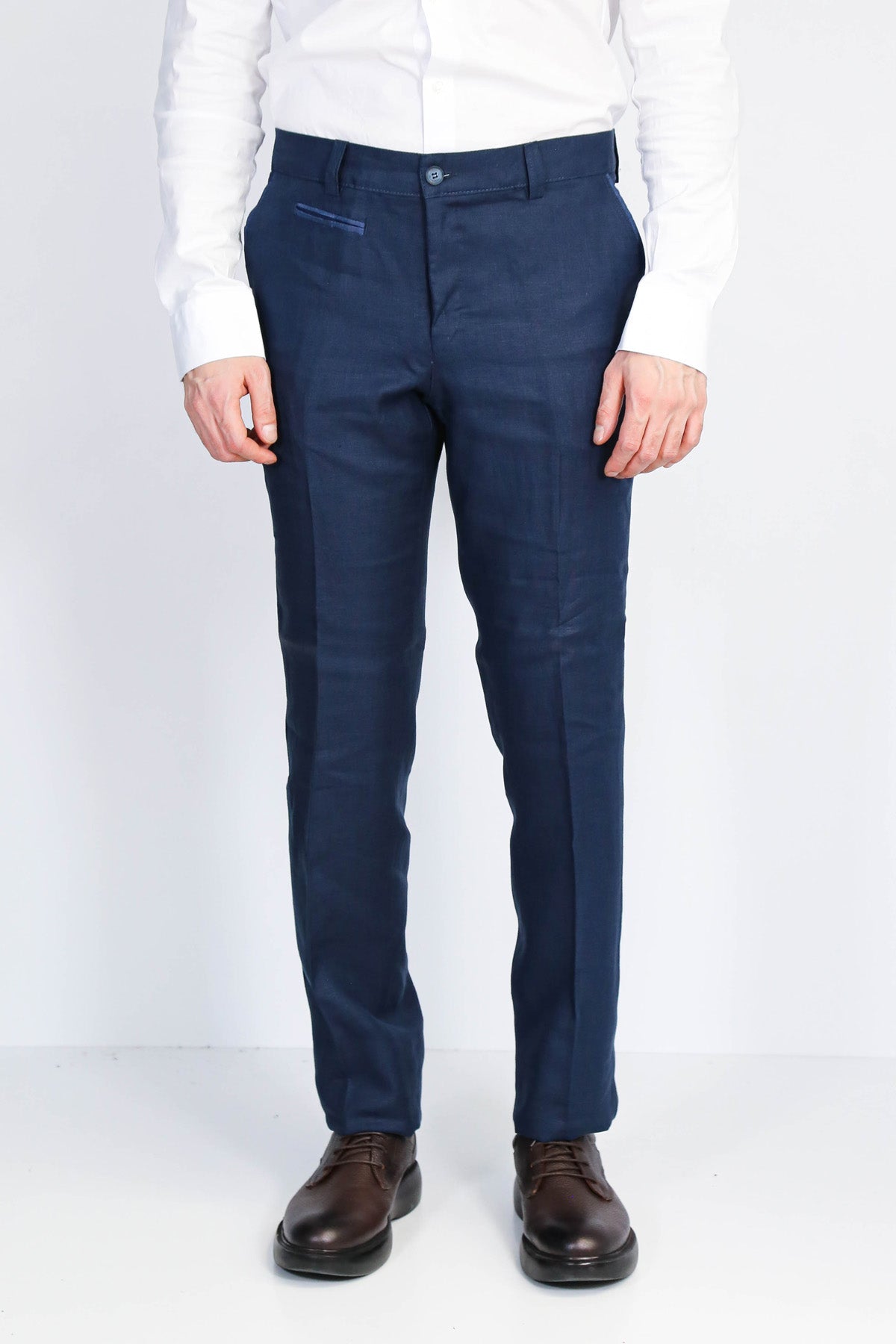Navy Solid Slim Fit Dress Trousers – Wessi