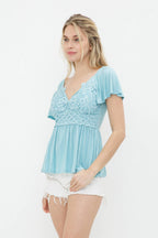 Lace Bodice Soft Knit Top - Pink Small remaining