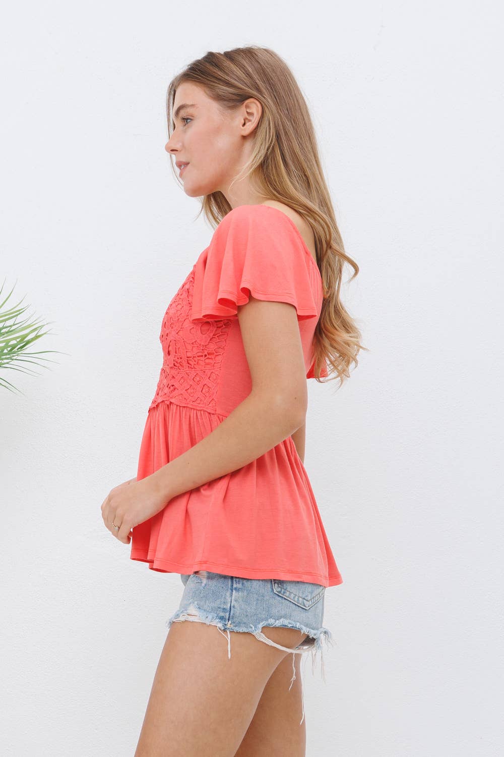 Lace Bodice Soft Knit Top - Pink Small remaining