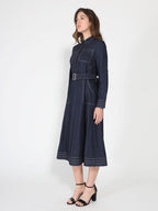 Gracia Fashion Women's Long sleeve contrast stitch denim midi dress