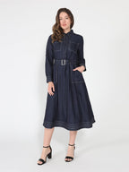 Gracia Fashion Women's Long sleeve contrast stitch denim midi dress