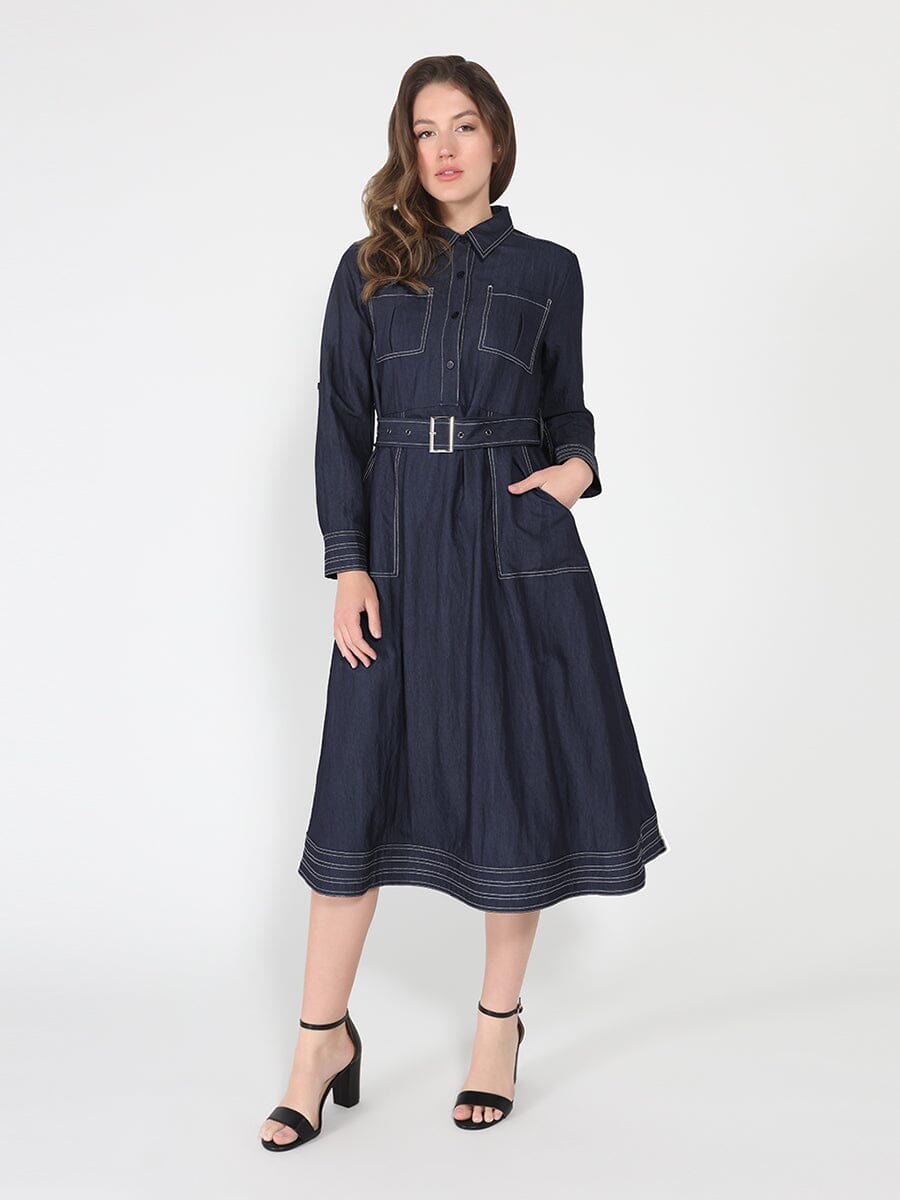 Gracia Fashion Women's Long sleeve contrast stitch denim midi dress