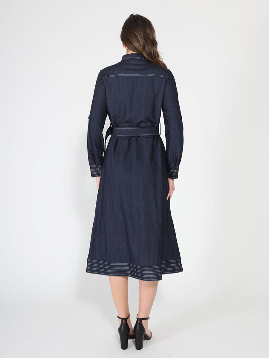 Gracia Fashion Women's Long sleeve contrast stitch denim midi dress