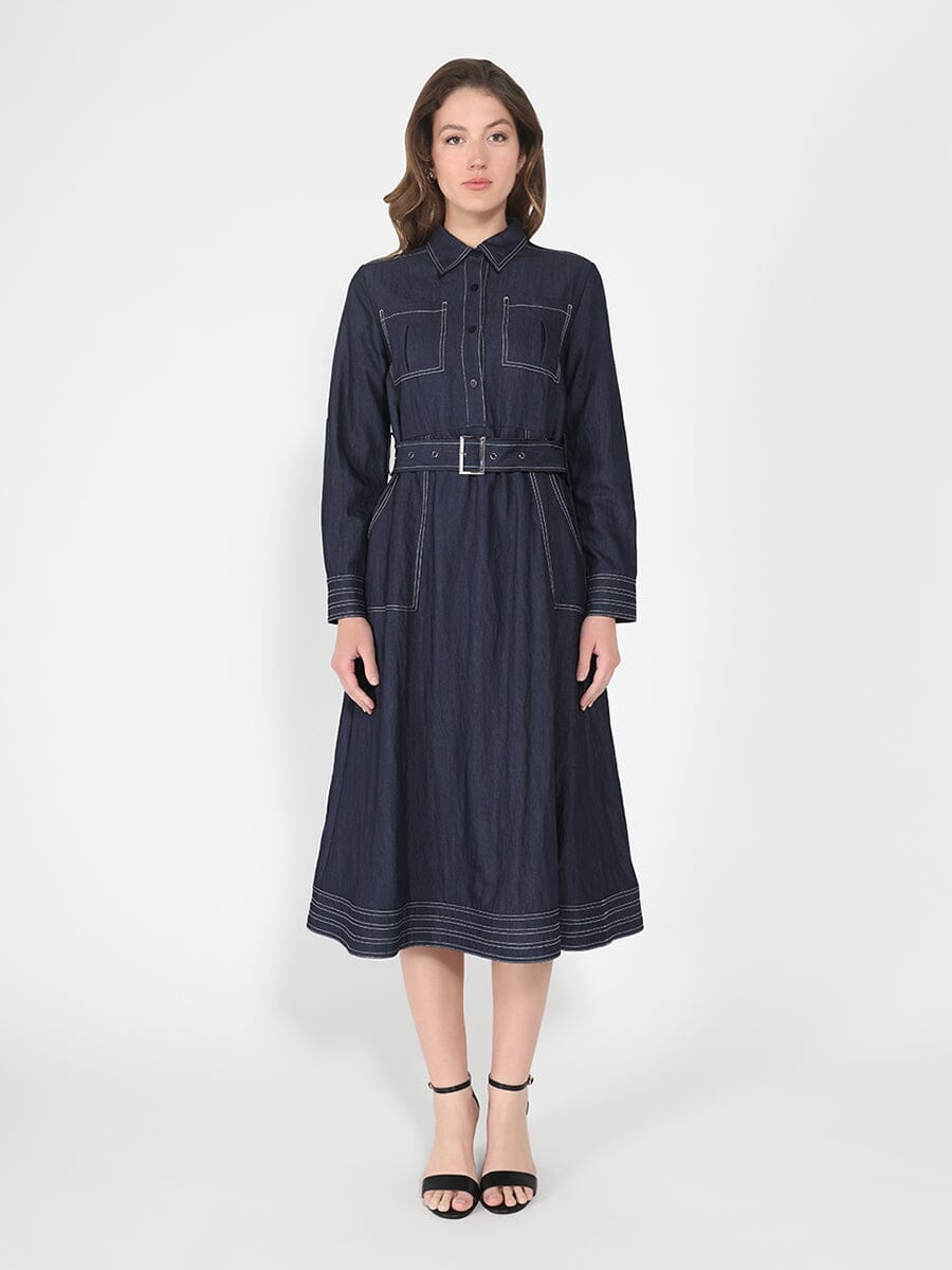 Gracia Fashion Women's Long sleeve contrast stitch denim midi dress