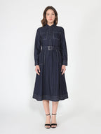 Gracia Fashion Women's Long sleeve contrast stitch denim midi dress