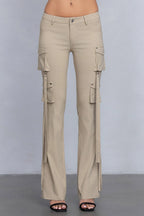 Low Rise Flared Cargo Pants | Stretchy Woven Streetwear with Strap Details
