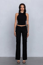 Low Rise Flared Cargo Pants | Stretchy Woven Streetwear with Strap Details