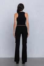 Low Rise Flared Cargo Pants | Stretchy Woven Streetwear with Strap Details