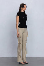 Low Rise Flared Cargo Pants | Stretchy Woven Streetwear with Strap Details