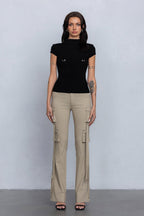 Low Rise Flared Cargo Pants | Stretchy Woven Streetwear with Strap Details