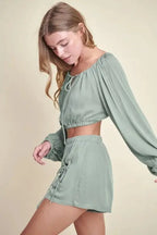 Women's Two-Piece Outfit Crop Top Set - Gauze Fabric - Casual Two-Piece Outfit