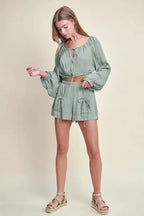 Women's Two-Piece Outfit Crop Top Set - Gauze Fabric - Casual Two-Piece Outfit