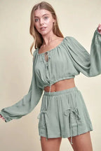 Women's Two-Piece Outfit Crop Top Set - Gauze Fabric - Casual Two-Piece Outfit