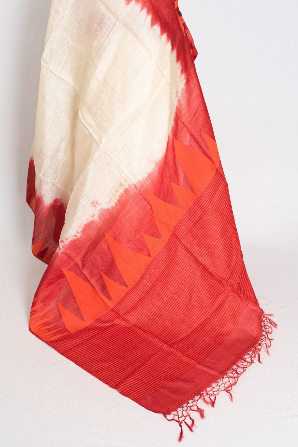 Madhabi: Cream & Red Bengal Tussar Silk Saree | Silk Mark Certified