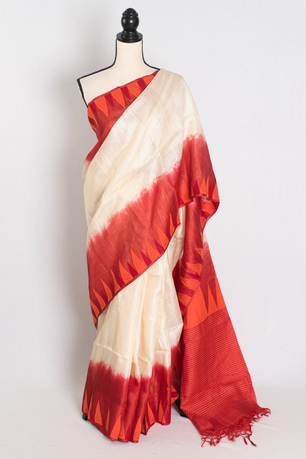 Madhabi: Cream & Red Bengal Tussar Silk Saree | Silk Mark Certified