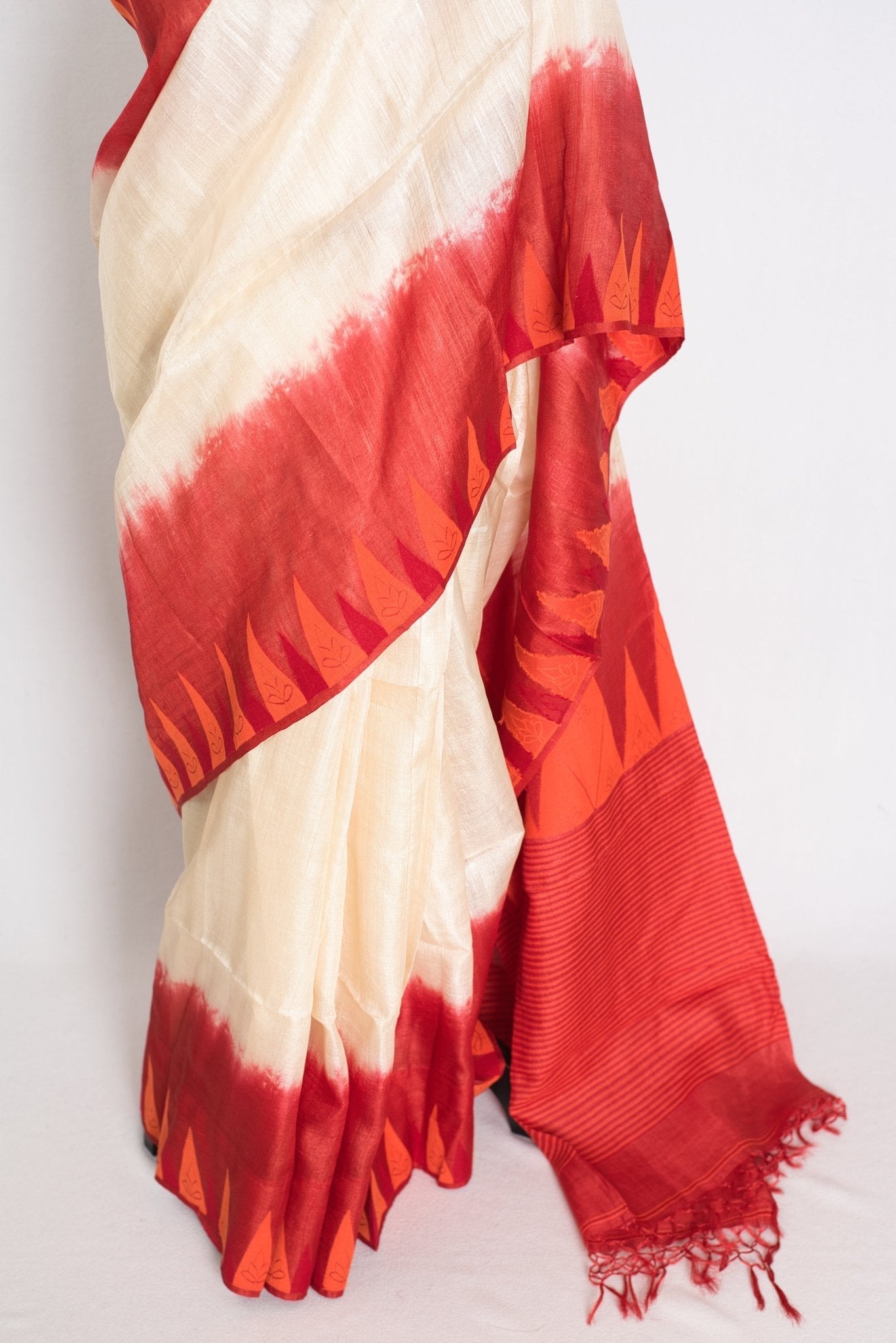 Madhabi: Cream & Red Bengal Tussar Silk Saree | Silk Mark Certified