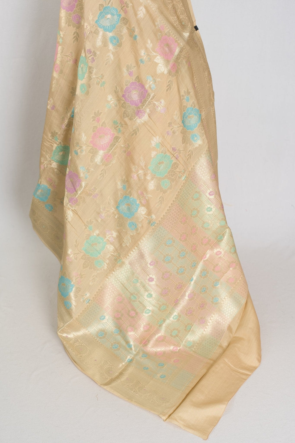 Mahi: Off-White & Gold Soft Muga Cotton Silk Saree | Floral Banarasi Weave