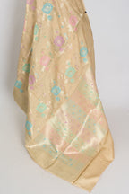 Mahi: Off-White & Gold Soft Muga Cotton Silk Saree | Floral Banarasi Weave