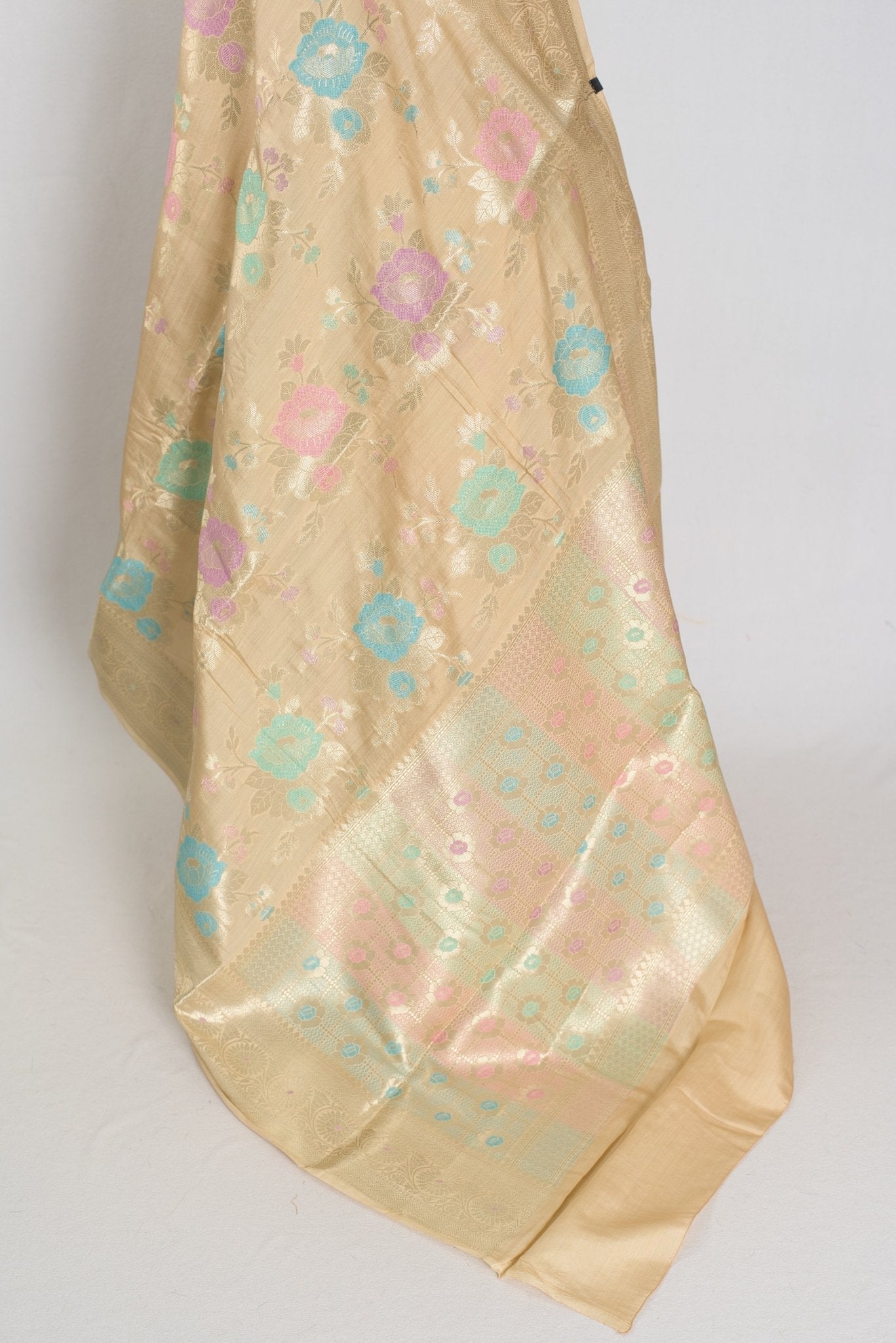 Mahi: Off-White & Gold Soft Muga Cotton Silk Saree | Floral Banarasi Weave