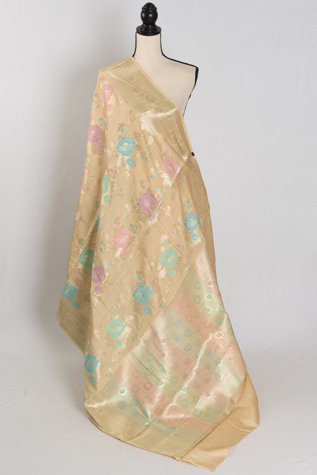 Mahi: Off-White & Gold Soft Muga Cotton Silk Saree | Floral Banarasi Weave