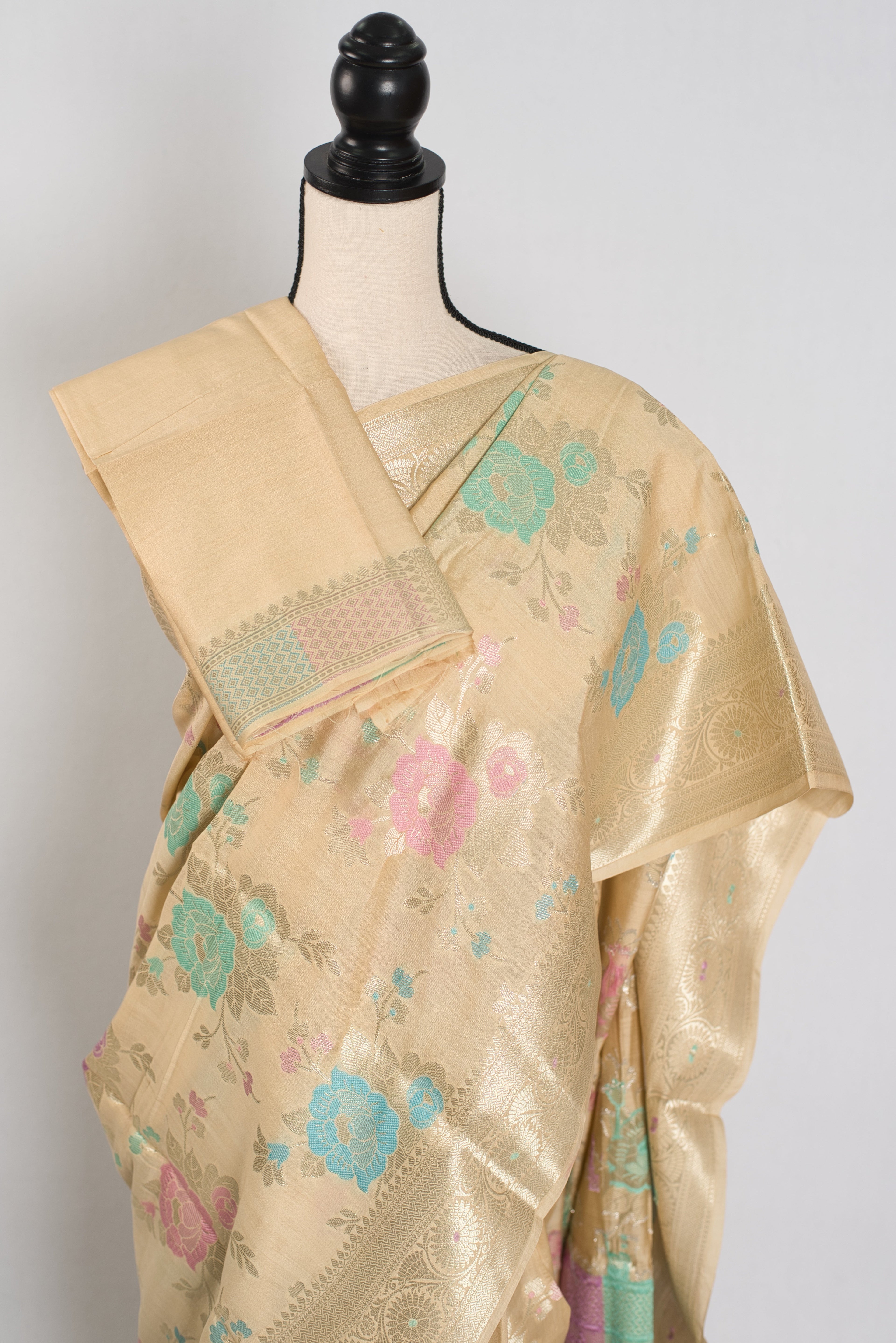 Mahi: Off-White & Gold Soft Muga Cotton Silk Saree | Floral Banarasi Weave