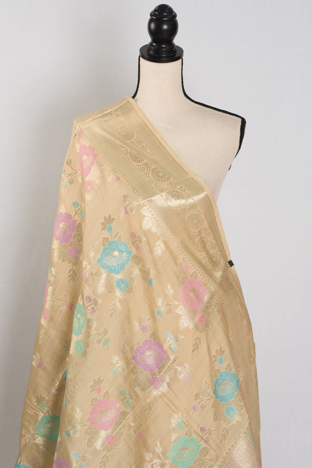 Mahi: Off-White & Gold Soft Muga Cotton Silk Saree | Floral Banarasi Weave