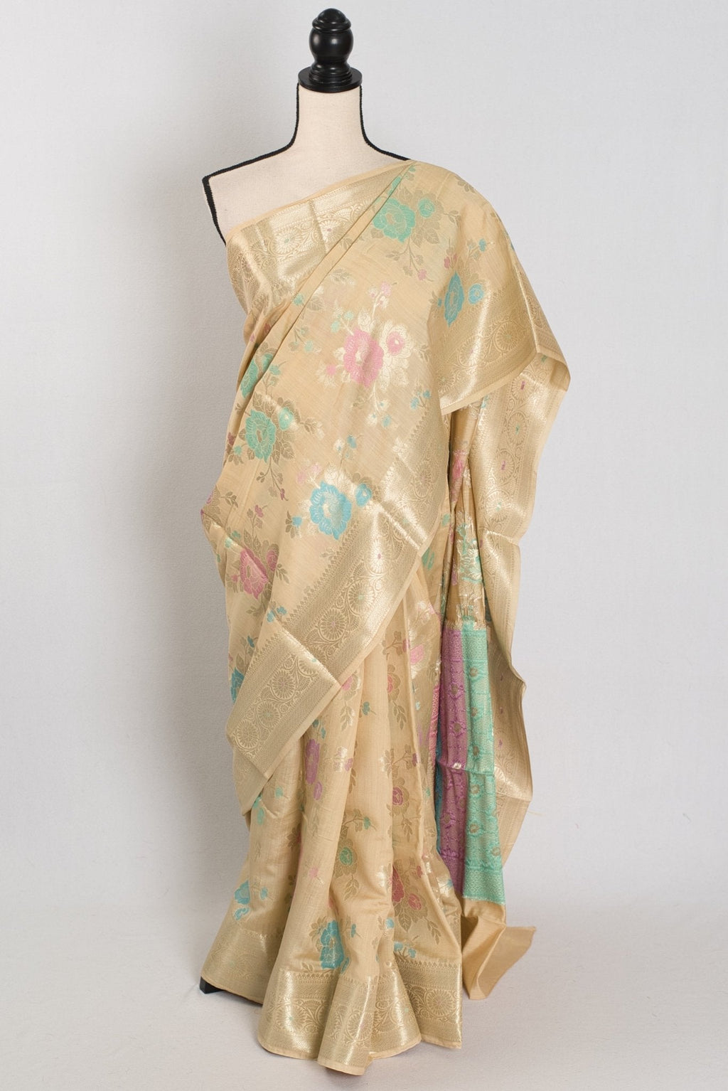 Mahi: Off-White & Gold Soft Muga Cotton Silk Saree | Floral Banarasi Weave