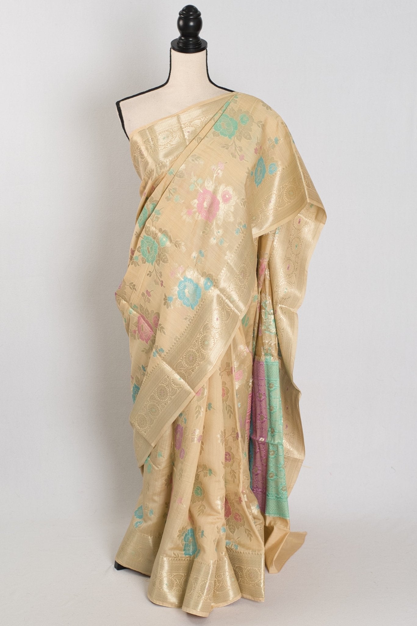 Mahi: Off-White & Gold Soft Muga Cotton Silk Saree | Floral Banarasi Weave