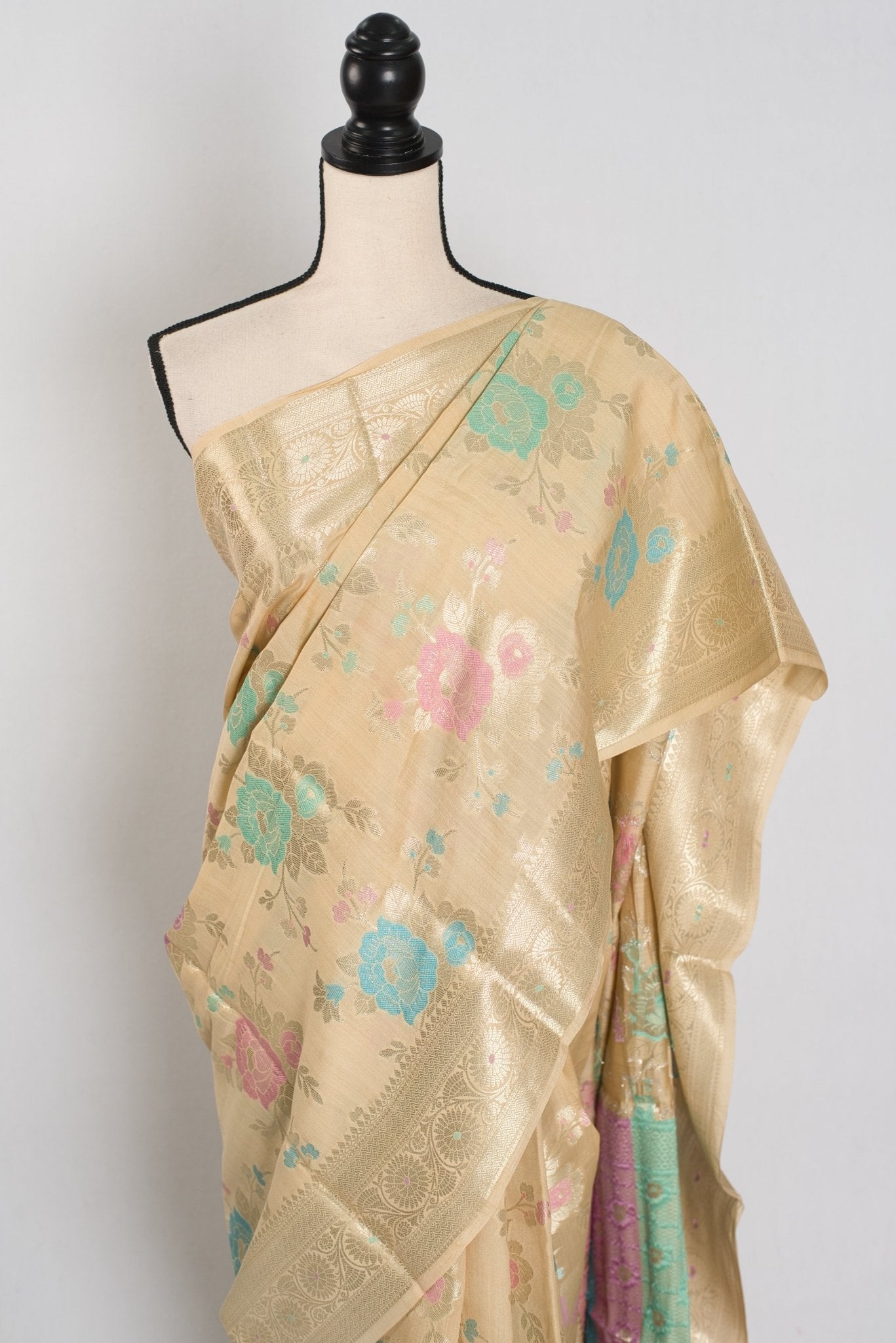 Mahi: Off-White & Gold Soft Muga Cotton Silk Saree | Floral Banarasi Weave