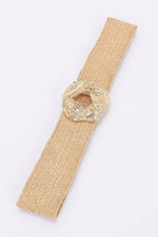 Metal Buckle Elastic Faux Straw Belt