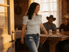 Mint Horse Print Puff Sleeve Western Ribbed Top