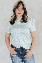 Mint Horse Print Puff Sleeve Western Ribbed Top