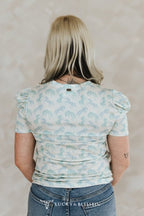 Mint Horse Print Puff Sleeve Western Ribbed Top