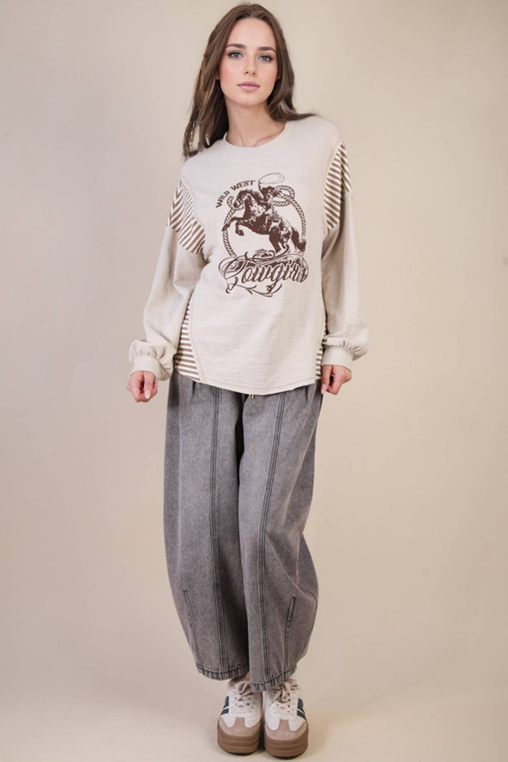 Wild West Cowgirls Graphic Knit Top - Taupe or Olive