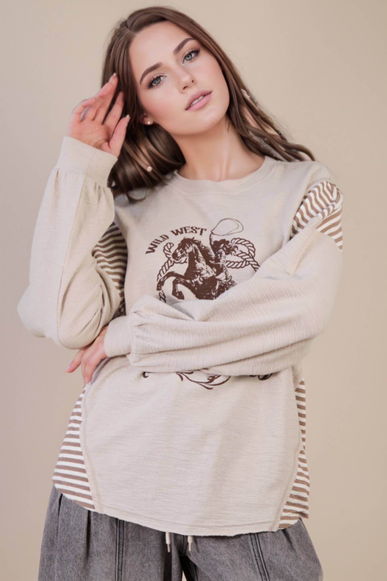 Wild West Cowgirls Graphic Knit Top - Taupe or Olive