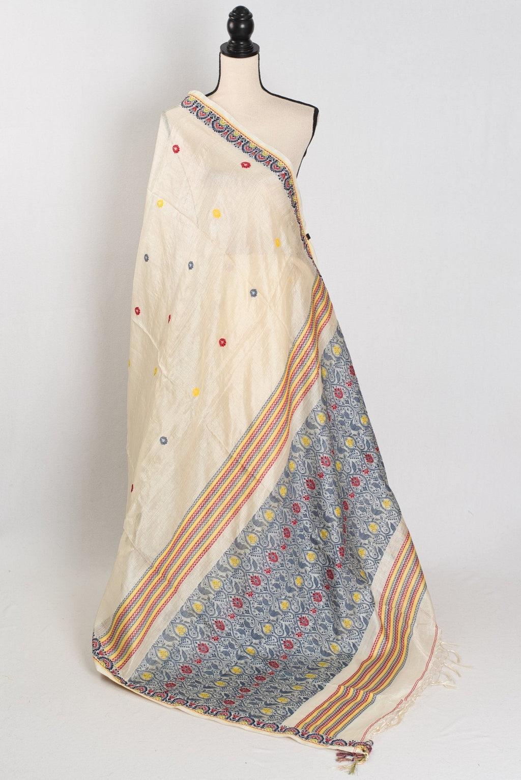 Moni: Cream & Black Bengal Tussar Silk Saree | Small Border Design