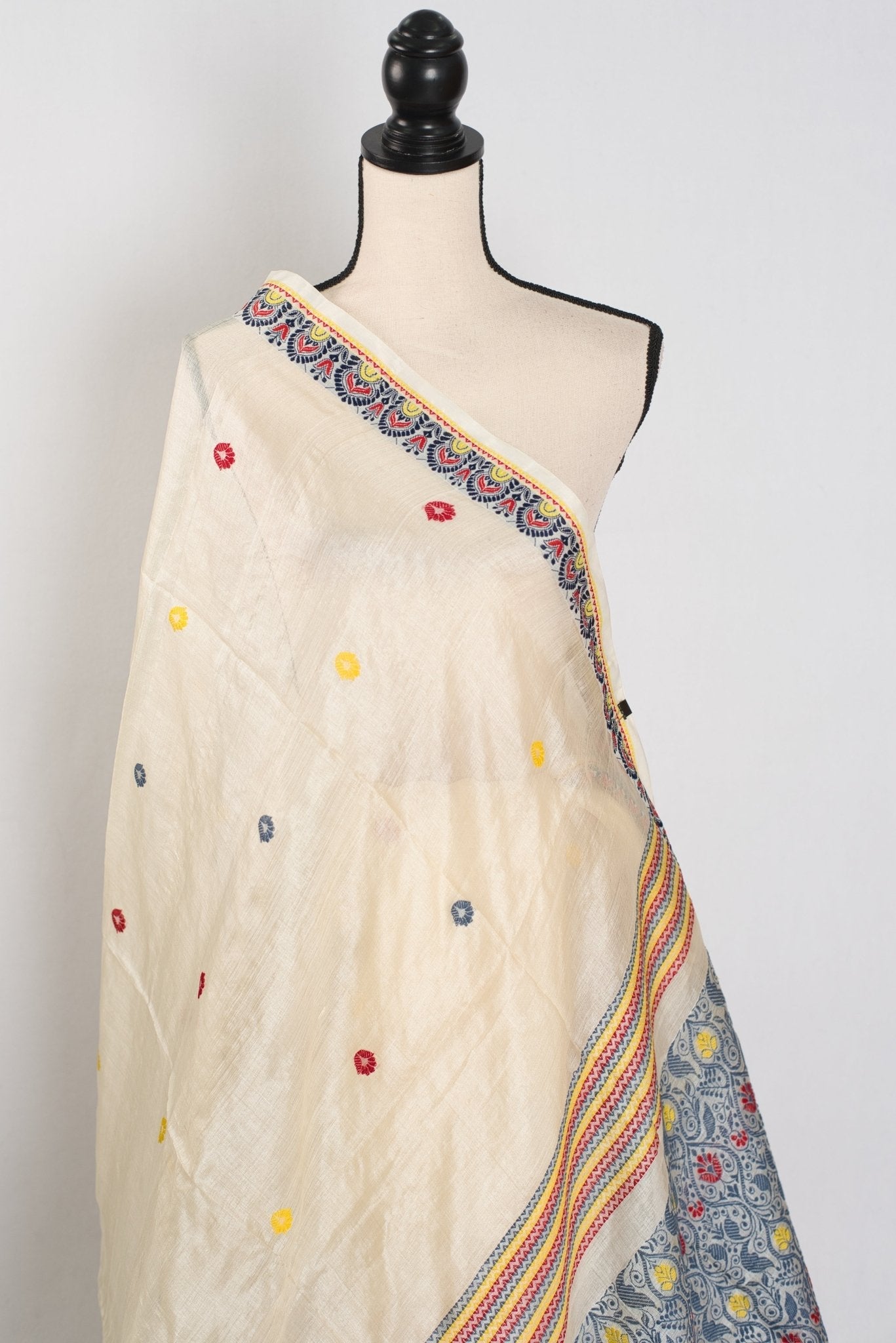 Moni: Cream & Black Bengal Tussar Silk Saree | Small Border Design