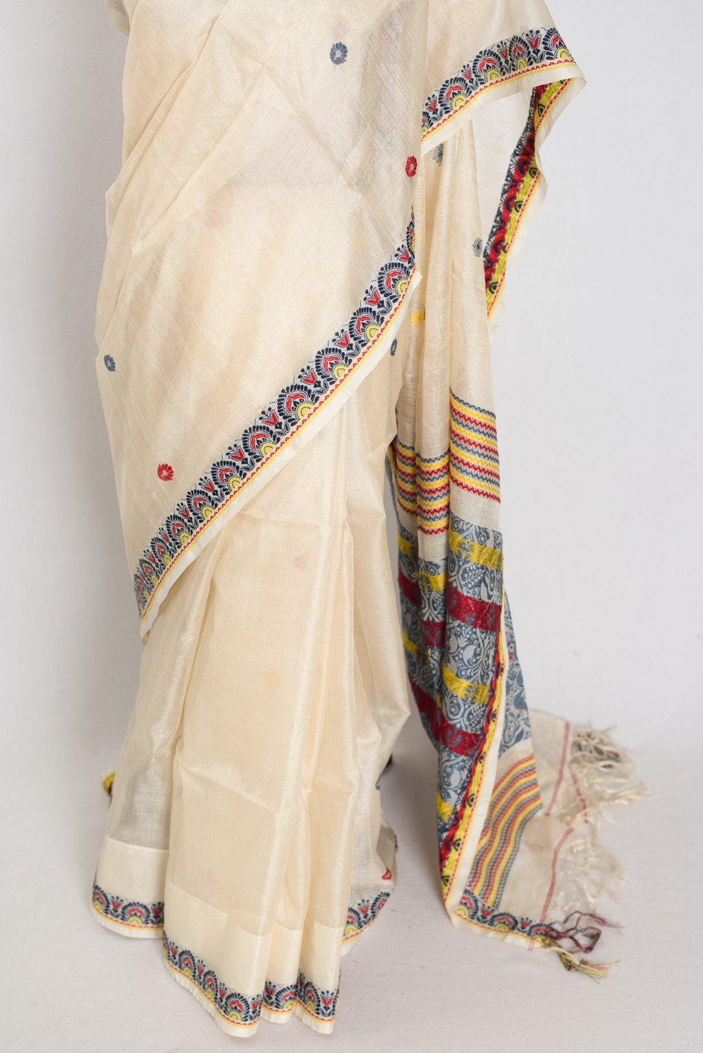 Moni: Cream & Black Bengal Tussar Silk Saree | Small Border Design
