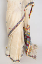 Moni: Cream & Black Bengal Tussar Silk Saree | Small Border Design