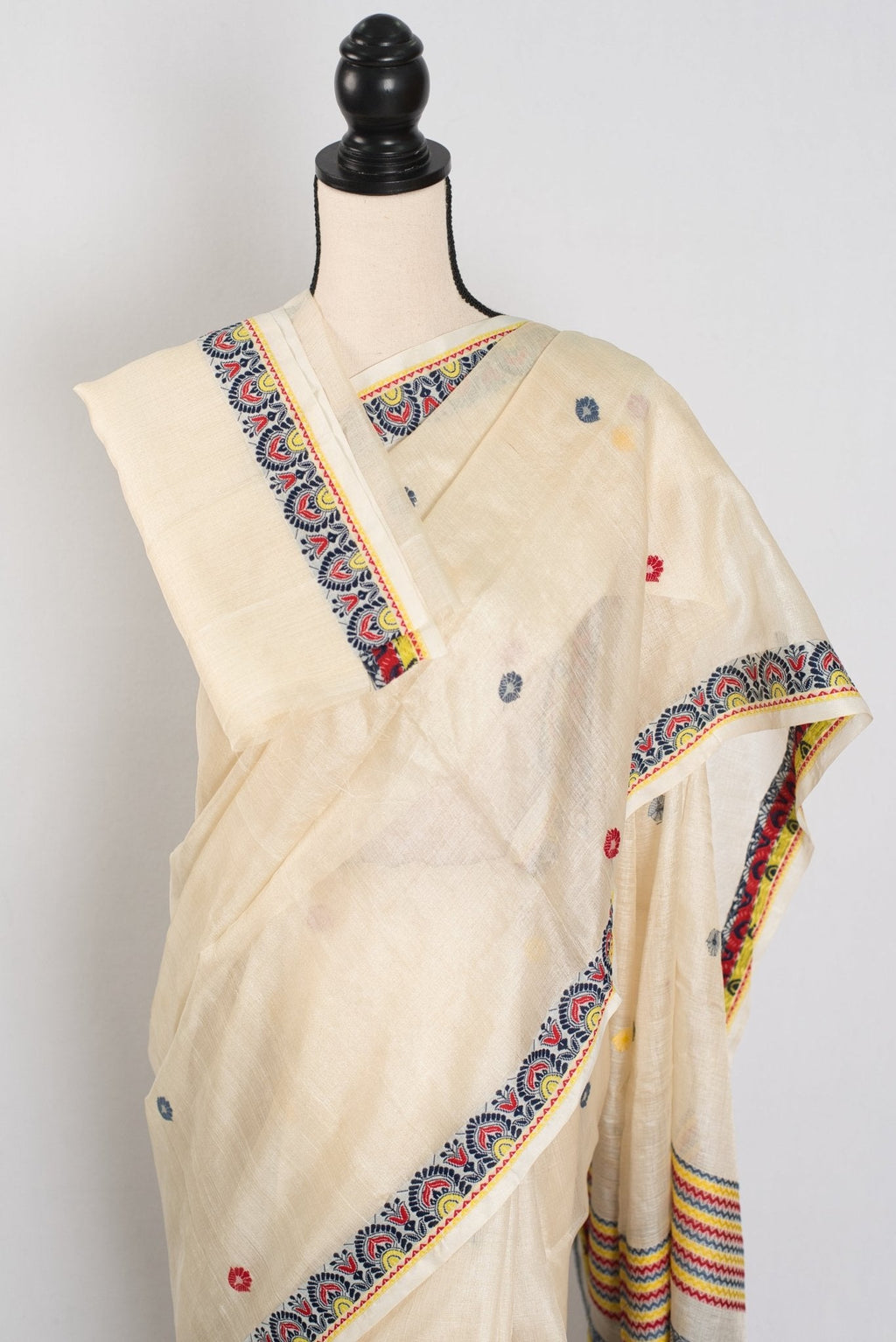 Moni: Cream & Black Bengal Tussar Silk Saree | Small Border Design