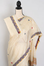 Moni: Cream & Black Bengal Tussar Silk Saree | Small Border Design