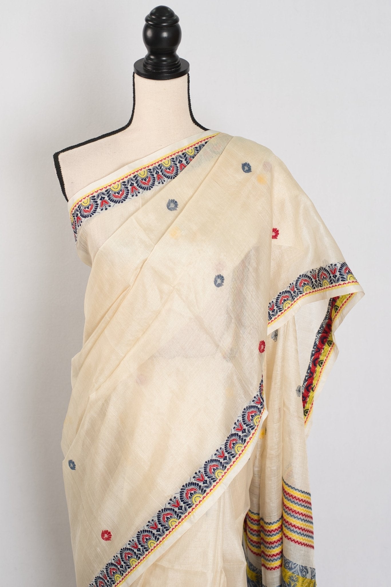 Moni: Cream & Black Bengal Tussar Silk Saree | Small Border Design