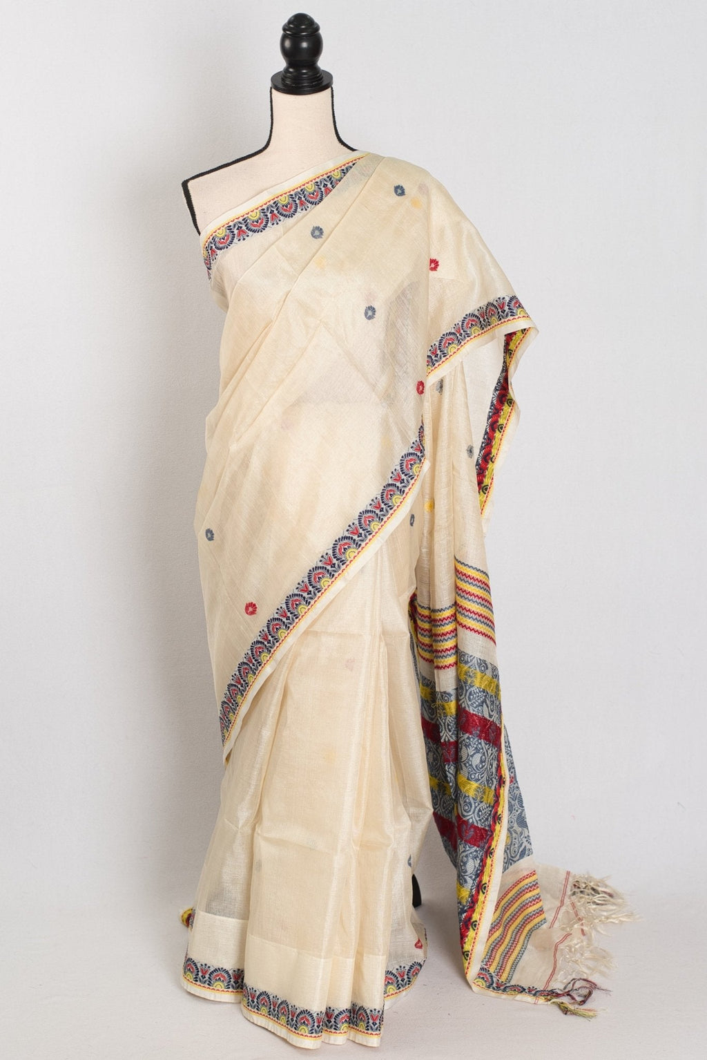 Moni: Cream & Black Bengal Tussar Silk Saree | Small Border Design
