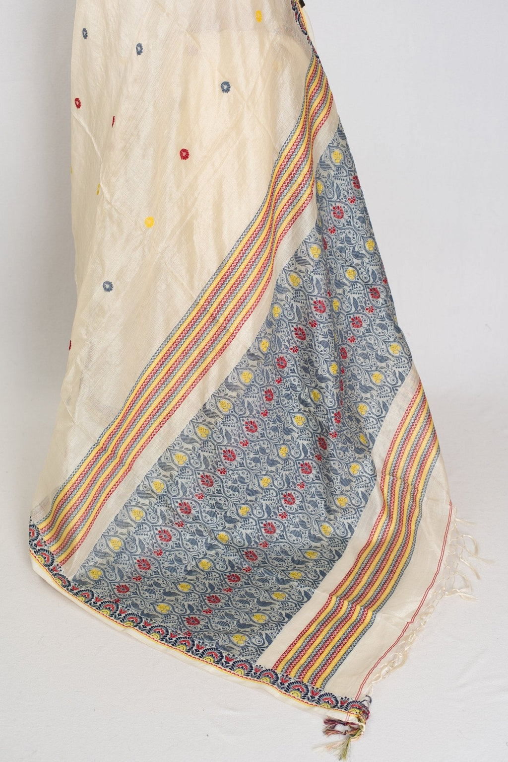 Moni: Cream & Black Bengal Tussar Silk Saree | Small Border Design