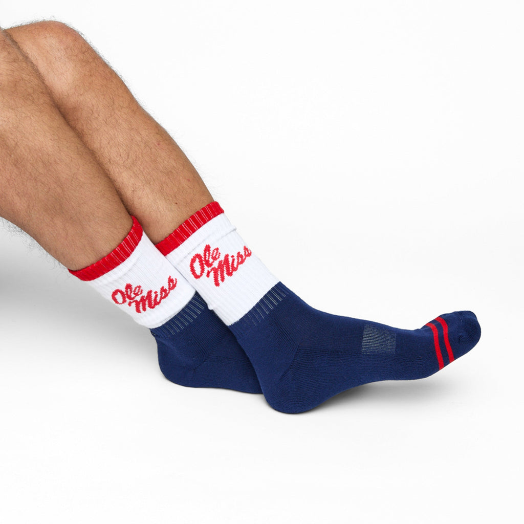 Navy White OM Script Casual Crew Socks