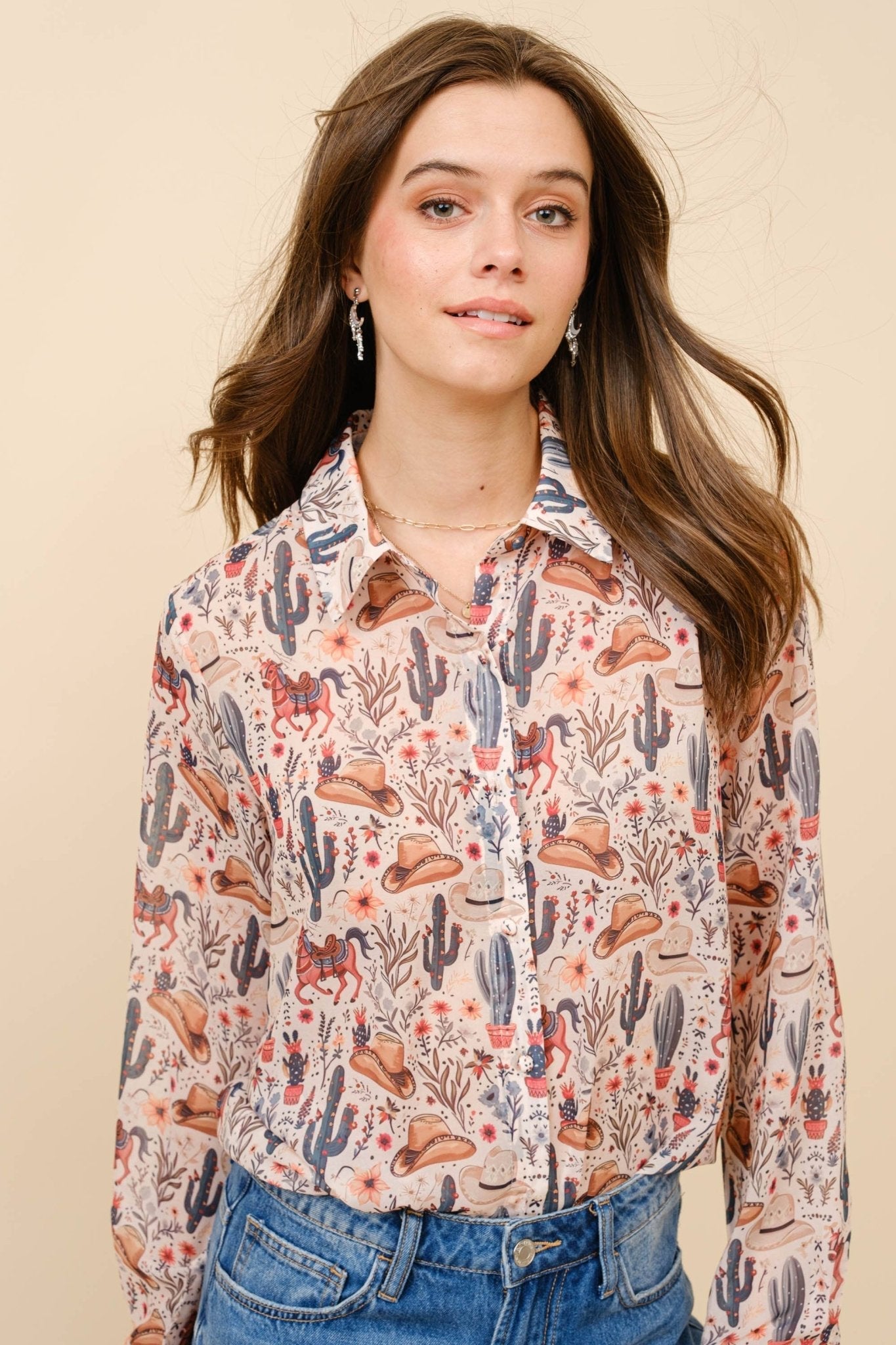Painted Desert Chiffon Button Up Blouse - small remains