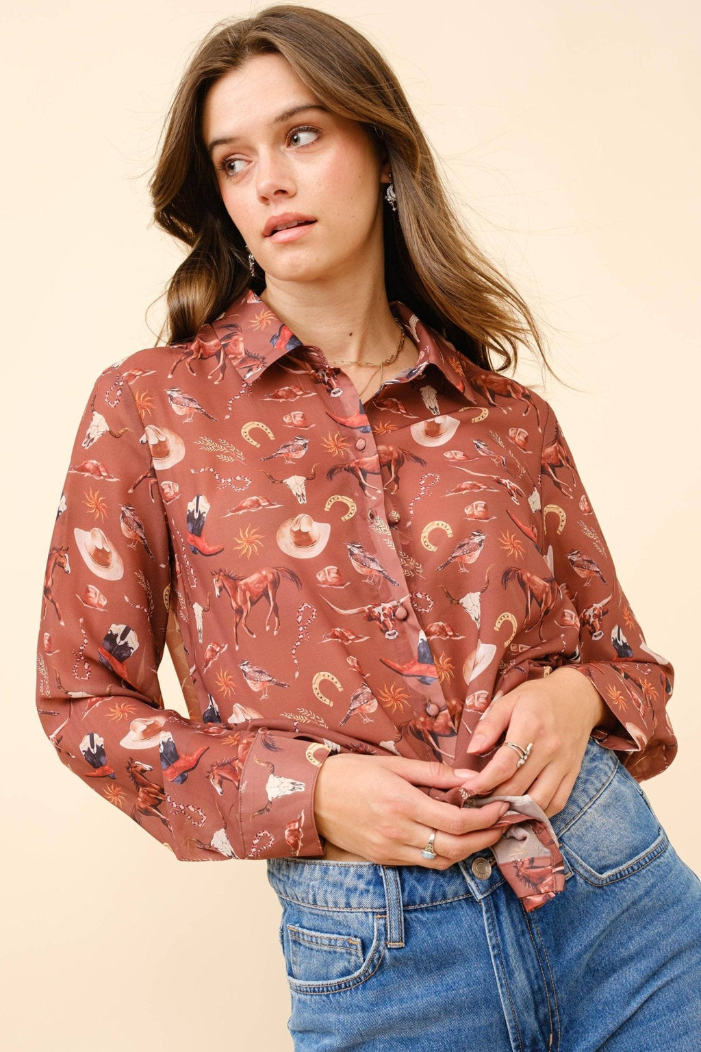 Painted Desert Chiffon Button Up Blouse - small remains