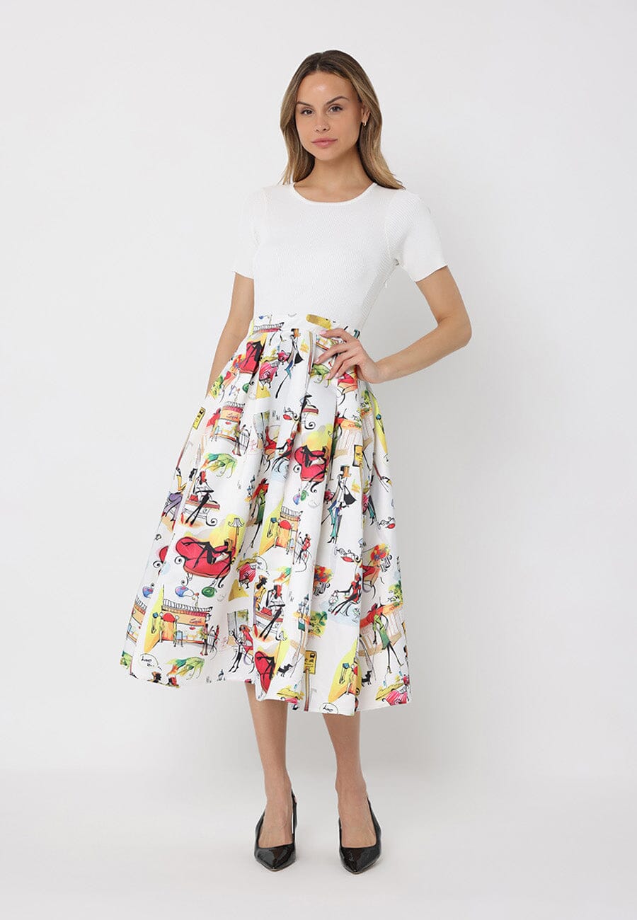 Gracia Fashion Women's Printed Skirt w/ Ribbed Short Sleeve Top Midi Dres
