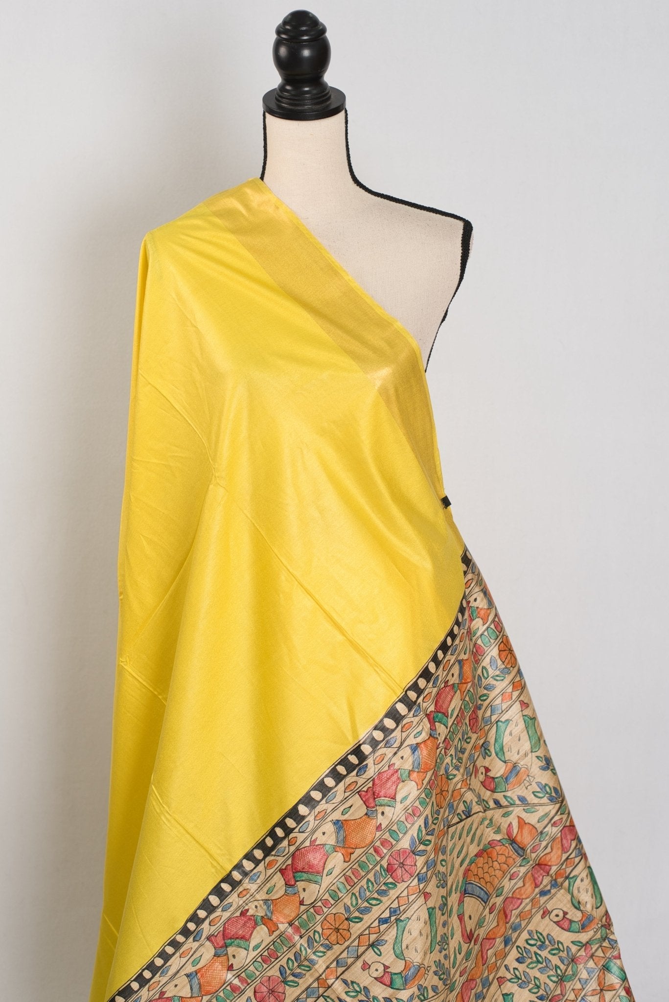 Ragini :Bright Yellow Staple Tussar Saree | Hand-Painted Madhubani Pallu