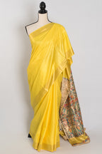 Ragini :Bright Yellow Staple Tussar Saree | Hand-Painted Madhubani Pallu